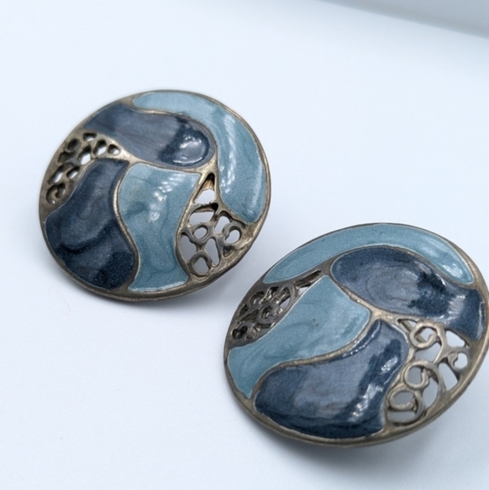 Vintage art nouveau style blue enamel large round stud earrings